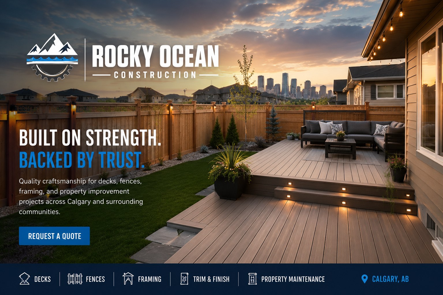 Rocky Ocean Construction backyard deck and fence project in Calgary
